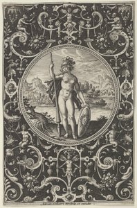 Minerva i en dekorativ ramme med grotesker, fra dommen i Paris, c1580-1600. af Adriaen Collaert