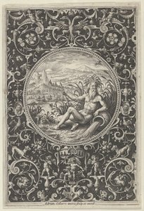 Neptun i en dekorativ ramme med grotesker, fra dommen i Paris, c1580-1600. af Adriaen Collaert