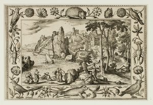 Faraos datter finder Moses, fra Landskaber med scener fra Det Gamle og Det Nye Testamente og Jagtscener af Adriaen Collaert