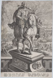 Tavle 11: rytterstatue af Titus, set tre fjerdedele til højre, Vesuv-bjerget..., ca. 1587-89. af Adriaen Collaert