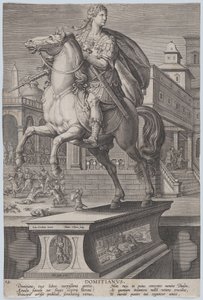 Plade 12: rytterstatue af Domitian, set tre fjerdedele til venstre, med hans ..., ca. 1587-89.