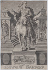 Plade 1: rytterstatue af Julius Cæsar, set forfra, med en scene af en..., ca. 1587-89.