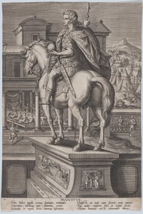 Plade 2: rytterstatue af Augustus, der holder en globus og set bagfra, med ..., ca. 1587-89.