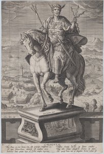 Plade 4: rytterstatue af Caligula, set tre fjerdedele til venstre, iført en ..., ca. 1587-89. af Adriaen Collaert