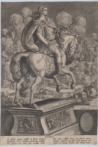 Plade 6: rytterstatue af Nero, set bagfra, Roms store brand i..., ca. 1587-89. af Adriaen Collaert