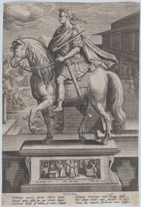 Plade 7: rytterstatue af Galba, i profil til venstre, med en halshugningsscene..., ca. 1587-89. af Adriaen Collaert