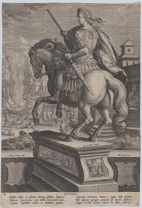 Plade 8: rytterstatue af Otho, set bagfra, hans dødsscene i baggrunden..., ca. 1587-89. af Adriaen Collaert