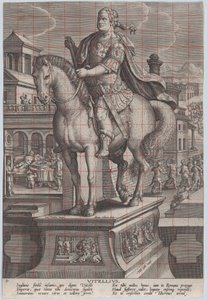 Plade 9: rytterstatue af Vitellius, set tre fjerdedele til venstre, med hans ..., ca. 1587-89. af Adriaen Collaert