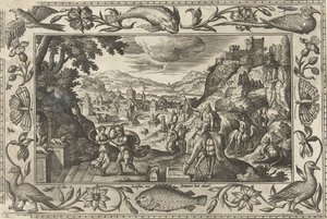 Rebekka og Eliezer ved brønden Landskaber med bibelske, mytologiske scener og jagtscener (serietitel) af Adriaen Collaert