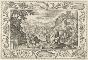 Rebekka og Eliezer ved brønden Landskaber med bibelske, mytologiske scener og jagtscener (serietitel) af Adriaen Collaert