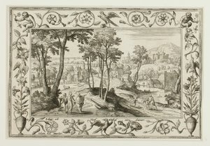 Rejsen til Emmaus, fra Landskaber med scener fra Det Gamle og Det Nye Testamente og Jagtscener af Adriaen Collaert