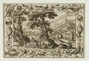 De spottende børn, der blev forbandet af Elias og spist af hunbjørnen, fra Landskaber med scener fra Det Gamle og Det Nye Testamente og Jagtscener af Adriaen Collaert