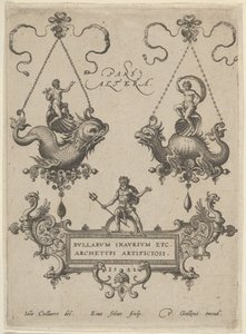 Titelplade med to vedhængsdesigner over og Neptun stående på en kartouche nedenfor, 1582. af Adriaen Collaert