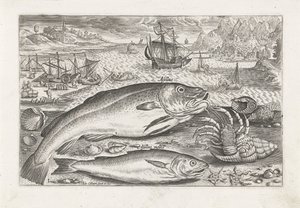 To fisk på stranden Fiskeri (serietitel) Piscium vivae-ikoner (serietitel) af Adriaen Collaert