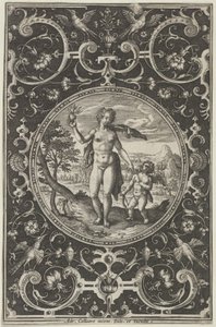 Venus og Amor i en dekorativ ramme med grotesker, fra dommen i Paris..., c1580-1600. af Adriaen Collaert