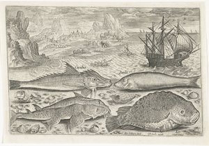 Fire fisk på stranden Fiskeri (serietitel) Piscium vivae-ikoner (serietitel) af Adriaen Collaert