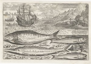Fire fisk på stranden Fiskeri (serietitel) Piscium vivae-ikoner (serietitel) af Adriaen Collaert