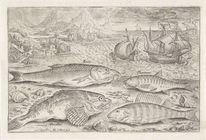 Fire fisk på stranden Fiskeri (serietitel) Piscium vivae-ikoner (serietitel) af Adriaen Collaert
