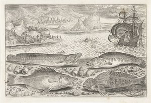 Fire fisk på stranden Fiskeri (serietitel) Piscium vivae-ikoner (serietitel) af Adriaen Collaert