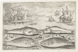 Fire fisk på stranden Fiskeri (serietitel) Piscium vivae-ikoner (serietitel) af Adriaen Collaert