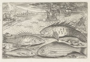 Fire fisk på stranden Fiskeri (serietitel) Piscium vivae-ikoner (serietitel) af Adriaen Collaert