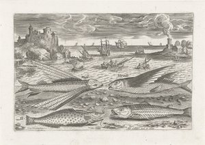 Fire fisk på stranden Fiskeri (serietitel) Piscium vivae-ikoner (serietitel) af Adriaen Collaert