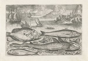 Fire fisk på stranden Fiskeri (serietitel) Piscium vivae-ikoner (serietitel) af Adriaen Collaert