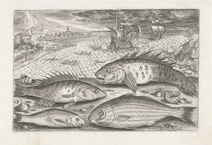 Fire fisk på stranden Fiskeri (serietitel) Piscium vivae-ikoner (serietitel) af Adriaen Collaert