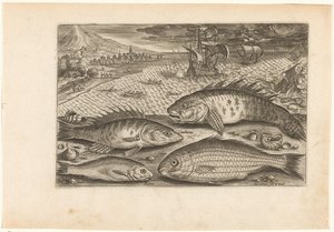 Fire fisk på stranden Fiskeri (serietitel) Piscium vivae-ikoner (serietitel) af Adriaen Collaert