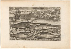 Fire fisk på stranden Fiskeri (serietitel) Piscium vivae-ikoner (serietitel) af Adriaen Collaert
