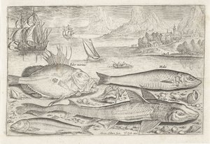 Fire fisk på stranden Fiskeri (serietitel) Piscium vivae-ikoner (serietitel) af Adriaen Collaert