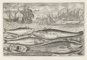 Fem fisk på stranden Fiskeri (serietitel) Piscium vivae-ikoner (serietitel) af Adriaen Collaert
