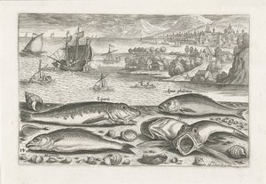 Fem fisk på stranden Fiskeri (serietitel) Piscium vivae-ikoner (serietitel) af Adriaen Collaert