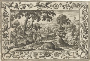 Flyvning til Egypten Landskaber med bibelske, mytologiske scener og jagtscener (serietitel) af Adriaen Collaert