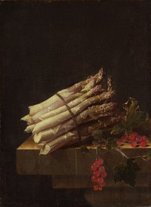 Stilleben med asparges og røde ribs
