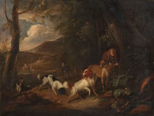 Jæger med hunde i udkanten af en skov af Adriaen Cornelisz Beeldemaker