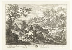 Landskab med ryttere ved et klippefremspring Landskaber med jægere (serietitel) af Adriaen Frans Boudewyns