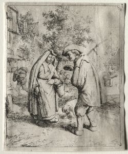 Mand taler med en kvinde. af Adriaen Jansz. van Ostade