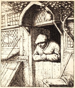 Mand, der læner sig op ad sin dør, ca. 1672 (radering) af Adriaen Jansz. van Ostade