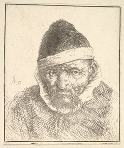 Gammel mand med hvid krave og spids hat, 1610-85. af Adriaen Jansz. van Ostade