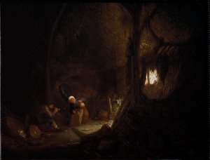 Bondefamilie i en lade (olie på lærred af Adriaen Jansz. van Ostade