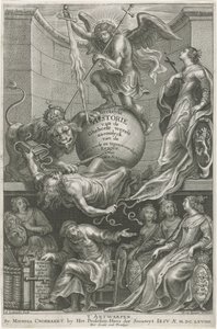 Allegorisk titelblad med den nedslåede Envy Titelside for: C. Hazart, Kerckelycke historie, 1669