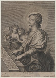 Sankt Cecilia spiller orgel med to putti til venstre, ca. 1654-77.