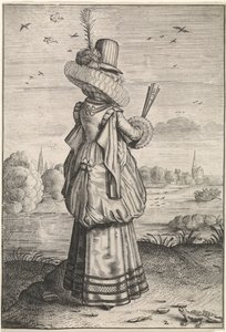 Adels- og Landskvinders Beklædning og Manerer Elegant dame fra hagedis Kleding og omgivelser af Nederlandse adellijke dames en boerinnen (serietitel) De ædle og rustne matroners adfærd og tilbedelse af Adriaen Matham (possibly)