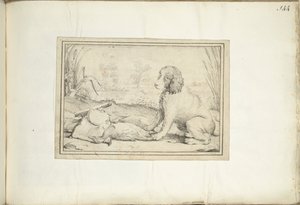 Hund ved siden af ​​jagtudstyr og bytte i landskab af Adriaen Matham (signed by artist)