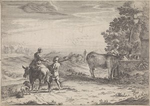 Landskab med en kvinde, der vander en ko af Adriaen Oudendijck
