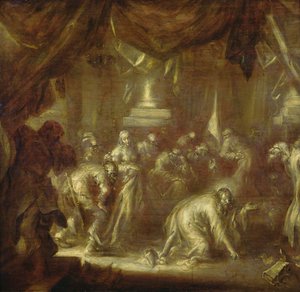 Jesus og utroskabskvinden (grisaille på træ) af Adriaen Pietersz van de Venne