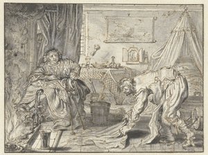 Mand, der renser gulvet, mens hans kone sidder ved ildstedet af Adriaen Pietersz van de Venne