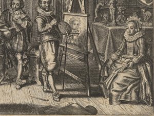 Maler og kvindelig model i studie Houwelyck (serietitel) af Adriaen Pietersz van de Venne