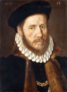 Portræt af en skægget herre, brystlængde, iført guldkæder under en pelsforet frakke, 1575